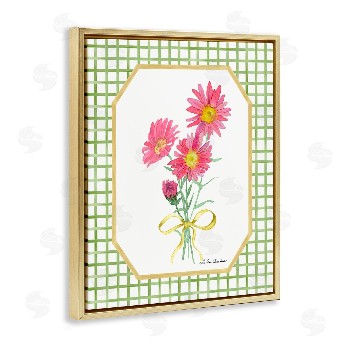 Lee Ann Sanders Botanical Story on Gingham Gold Floating Frame Canvas Wall Art Print
