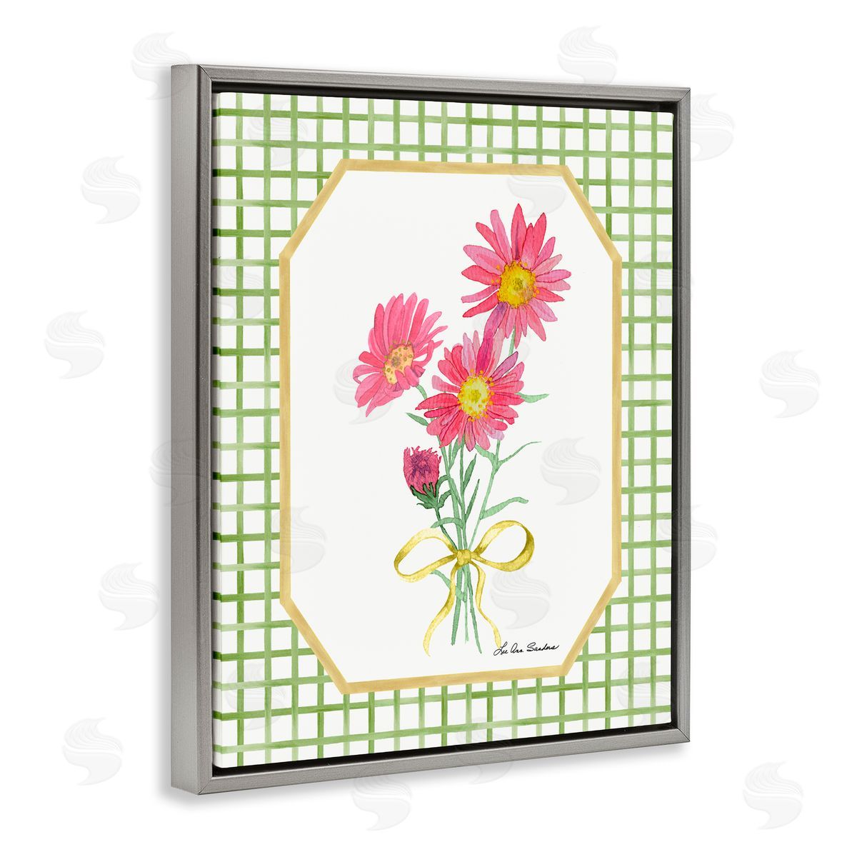 Lee Ann Sanders Botanical Story on Gingham Gray Floating Frame Canvas Wall Art Print