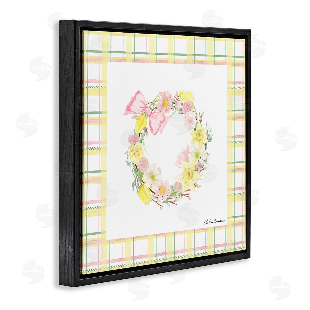 Lee Ann Sanders Wreath in Spring Pastels Black Floating Frame Canvas Wall Art Print