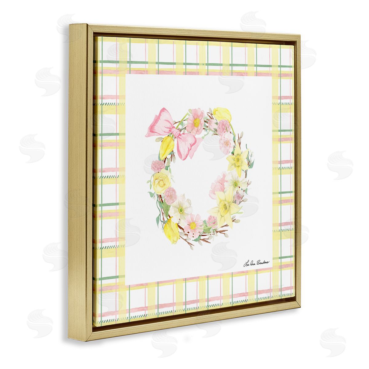 Lee Ann Sanders Wreath in Spring Pastels Gold Floating Frame Canvas Wall Art Print