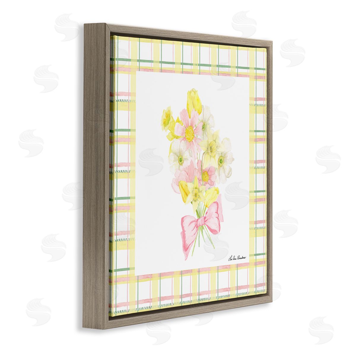 Lee Ann Sanders Spring Daffodils on Plaid Brown Floating Frame Canvas Wall Art Print