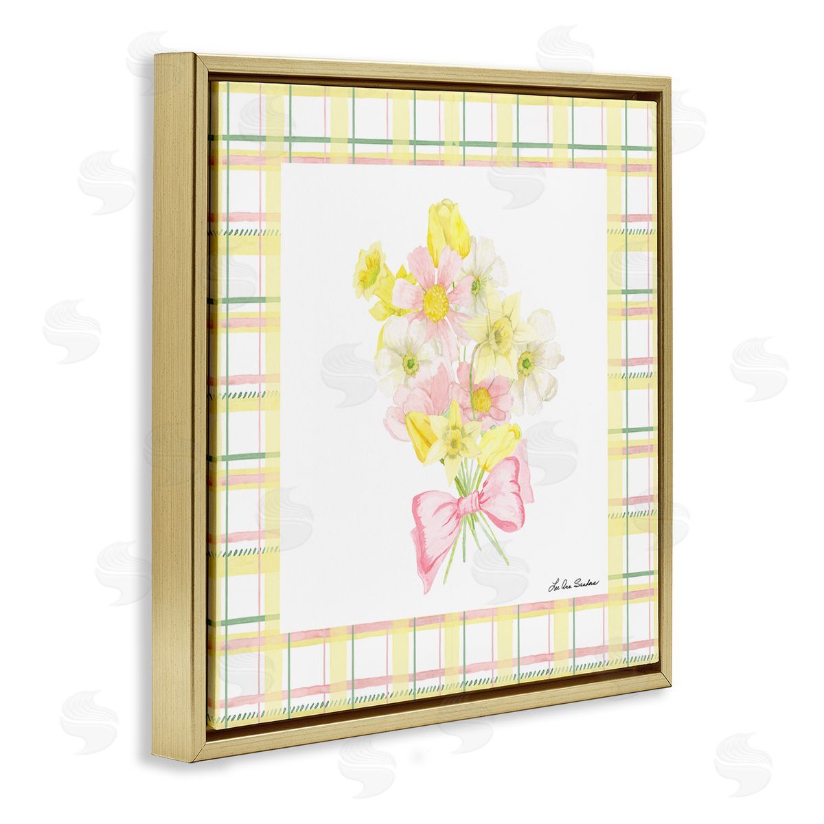 Lee Ann Sanders Spring Daffodils on Plaid Gold Floating Frame Canvas Wall Art Print