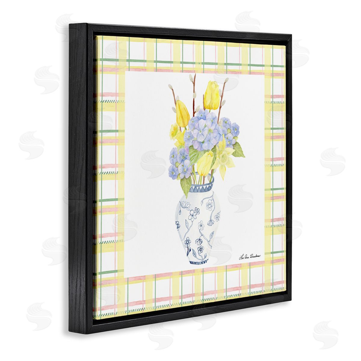 Lee Ann Sanders Spring Vase on Yellow Plaid Black Floating Frame Canvas Wall Art Print