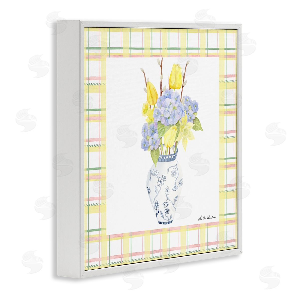 Lee Ann Sanders Spring Vase on Yellow Plaid White Framed Giclee Print Wall Art