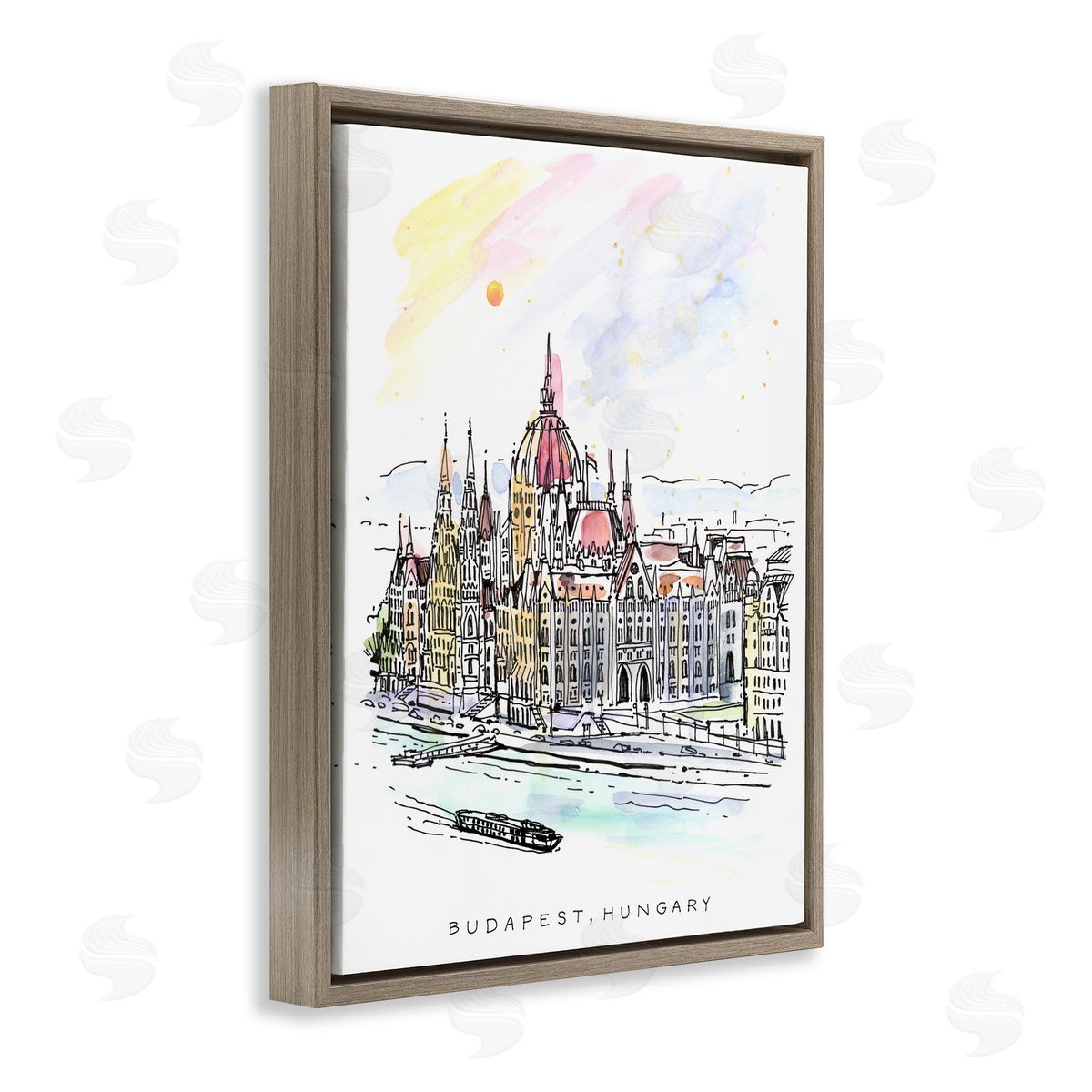 Angela Steahling Minimal Budapest Skyline Brown Floating Frame Canvas Wall Art Print