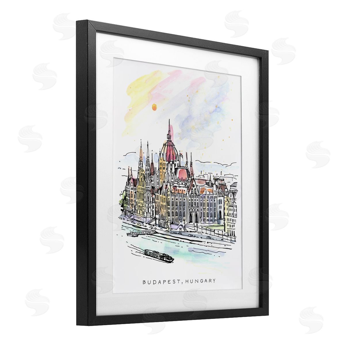 Angela Steahling Minimal Budapest Skyline Black Framed Print Under Glass with White Mat Wall Art
