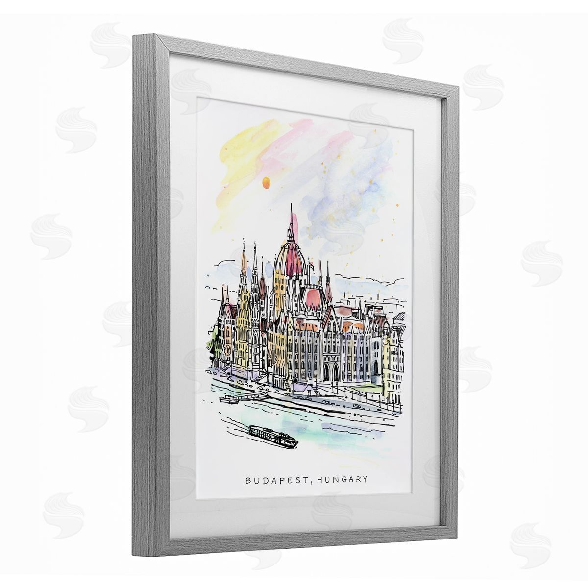 Angela Steahling Minimal Budapest Skyline Gray Framed Print Under Glass with White Mat Wall Art