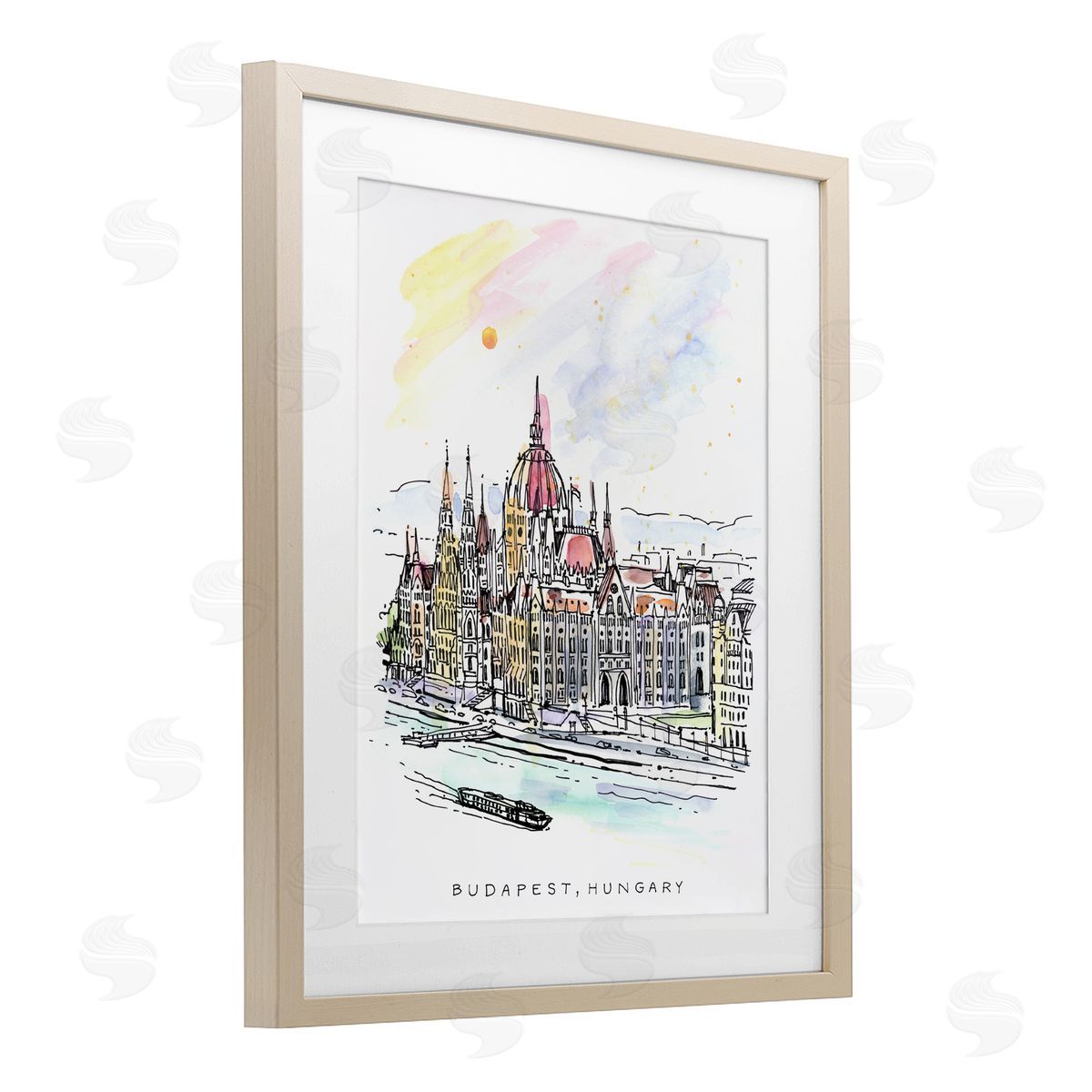 Angela Steahling Minimal Budapest Skyline Birch Framed Print Under Glass with White Mat Wall Art