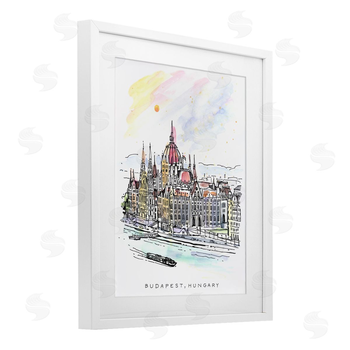 Angela Steahling Minimal Budapest Skyline White Framed Print Under Glass with Mat Wall Art