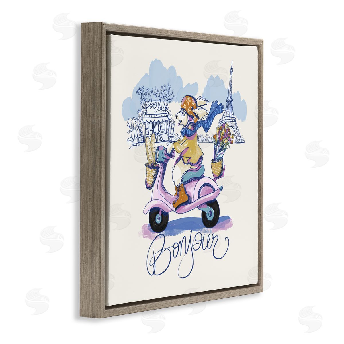 Connie Summers Bonjour Vintage Dog on Scooter Brown Floating Frame Canvas Wall Art Print