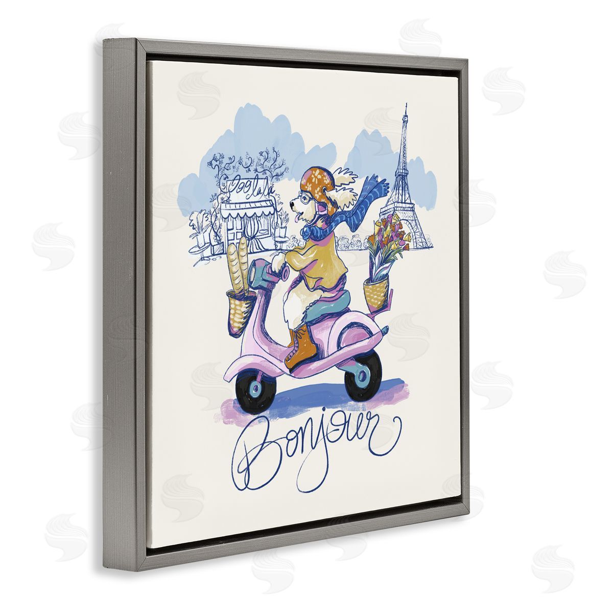 Connie Summers Bonjour Vintage Dog on Scooter Gray Floating Frame Canvas Wall Art Print