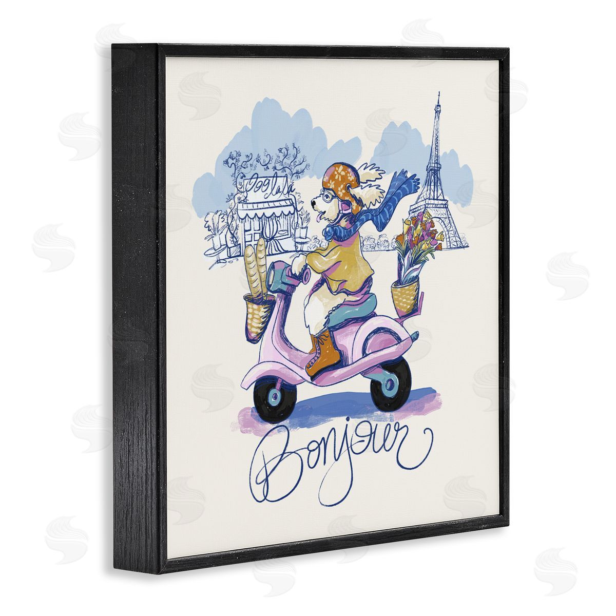 Connie Summers Bonjour Vintage Dog on Scooter Black Framed Giclee Wall Art Print