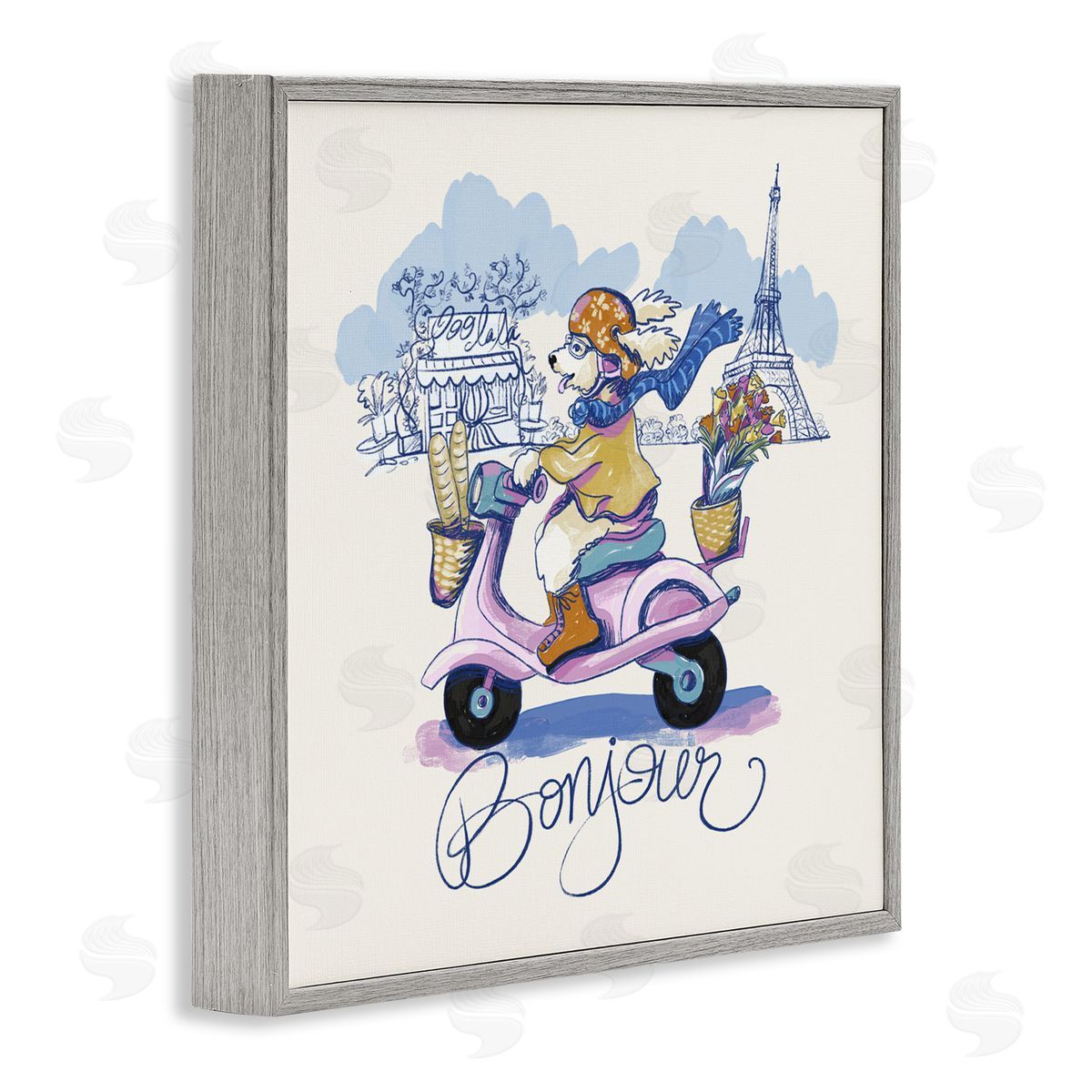 Connie Summers Bonjour Vintage Dog on Scooter Gray Framed Giclee Wall Art Print