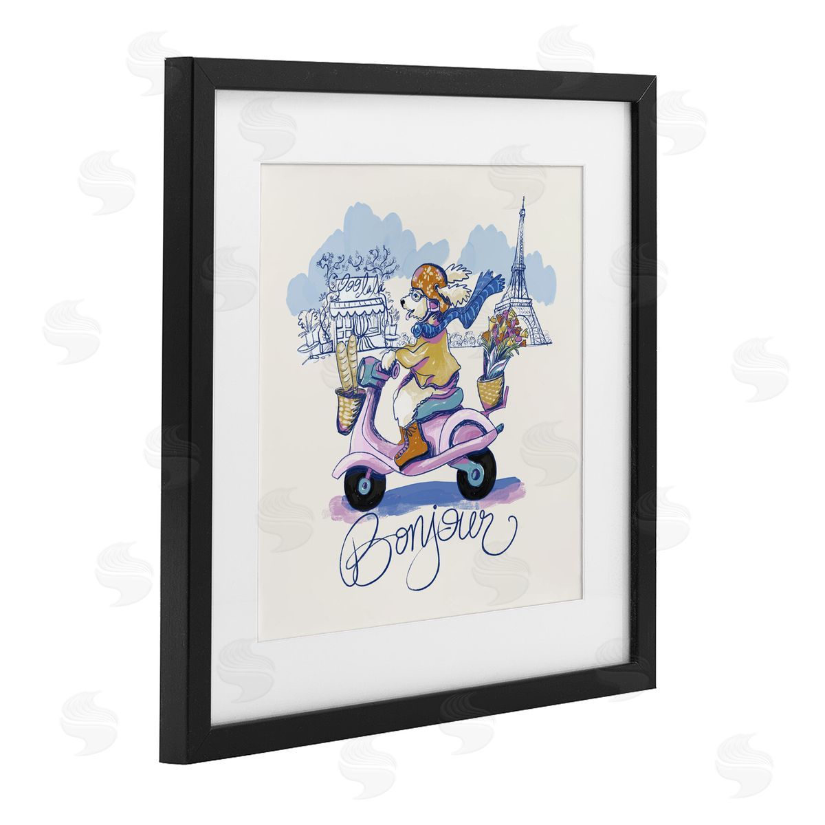 Connie Summers Bonjour Vintage Dog on Scooter Black Framed Print Under Glass with White Mat Wall Art
