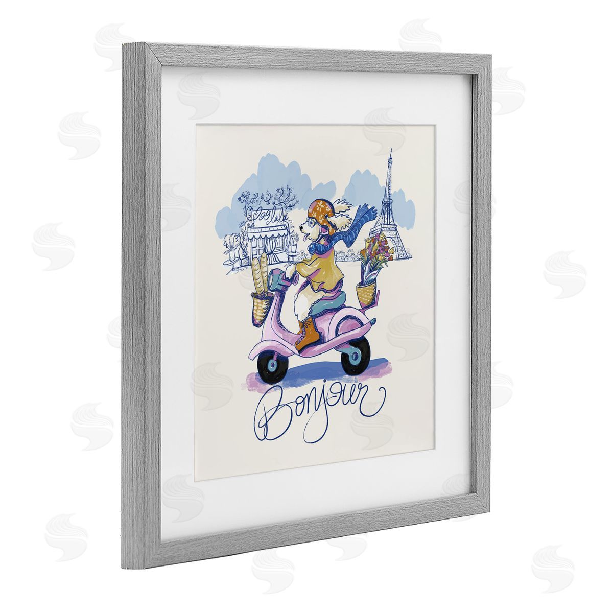 Connie Summers Bonjour Vintage Dog on Scooter Gray Framed Print Under Glass with White Mat Wall Art
