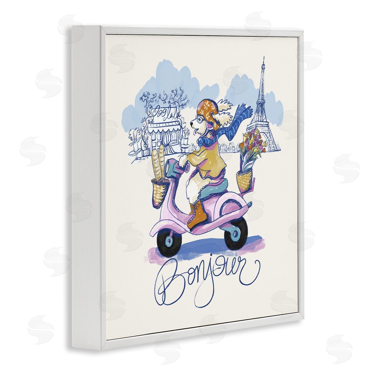 Connie Summers Bonjour Vintage Dog on Scooter White Framed Giclee Wall Art Print