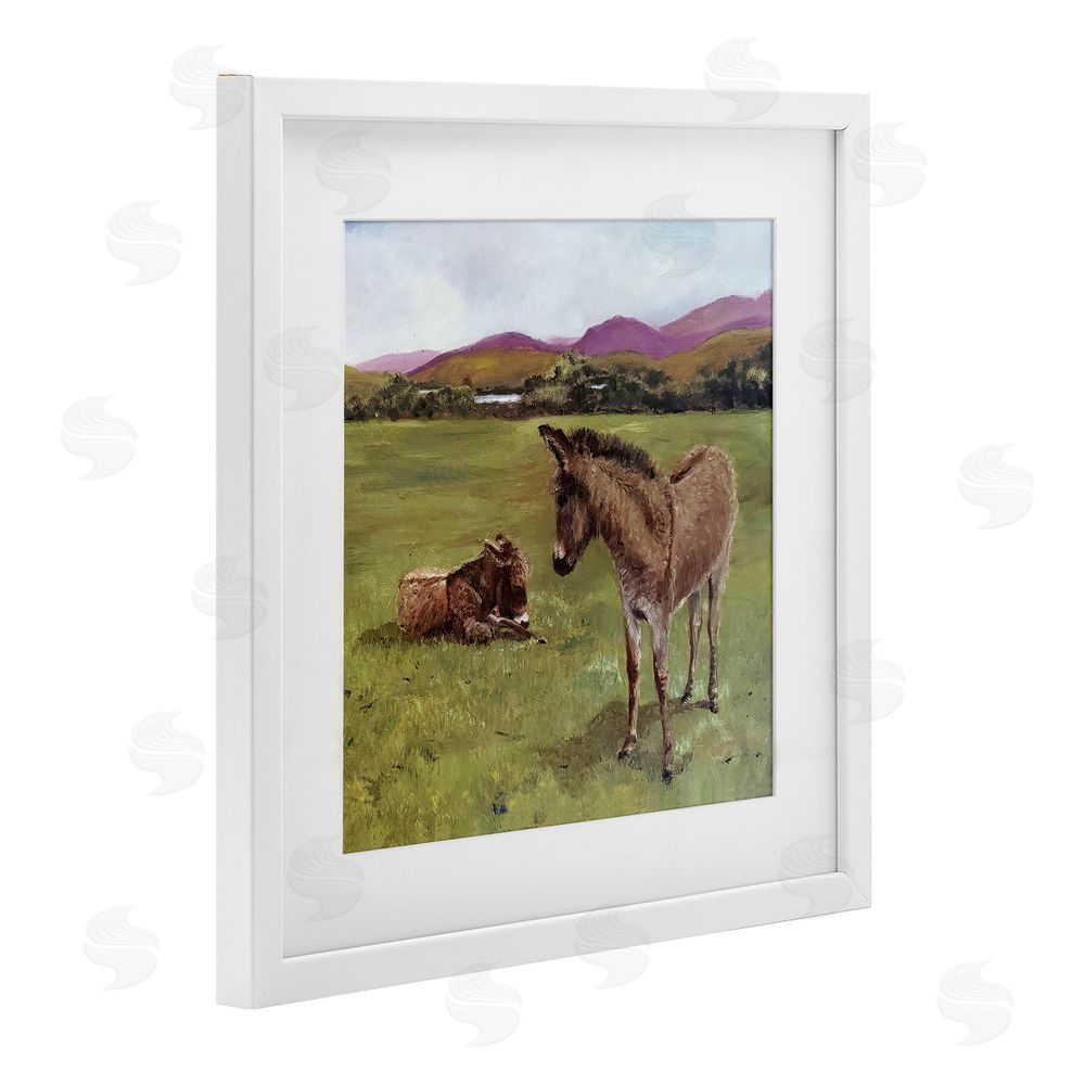 Patricia Reynolds Donkey Duo in Pasture White Framed Print Under Glass Wall Art