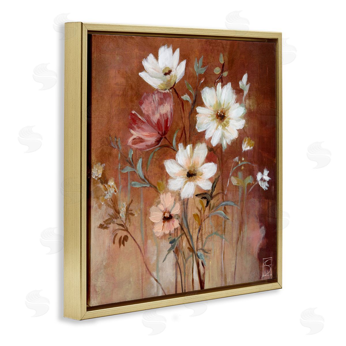 Sara Culpepper Mocha Flowers Collection Gold Floating Frame Canvas Wall Art Print