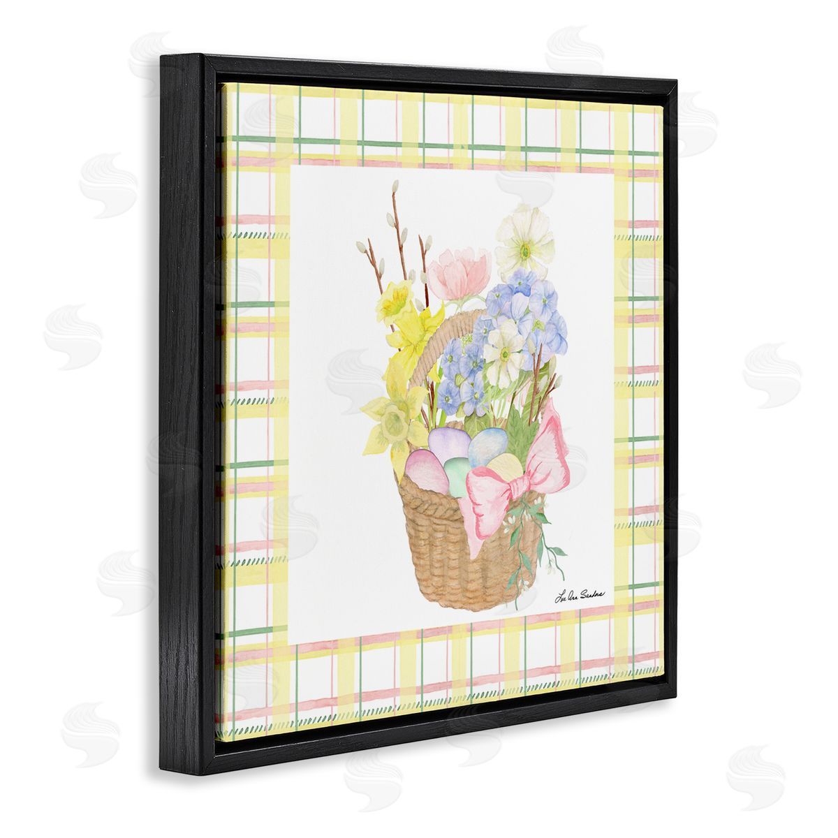 Lee Ann Sanders Spring Basket on Plaid Black Floating Frame Canvas Wall Art Print