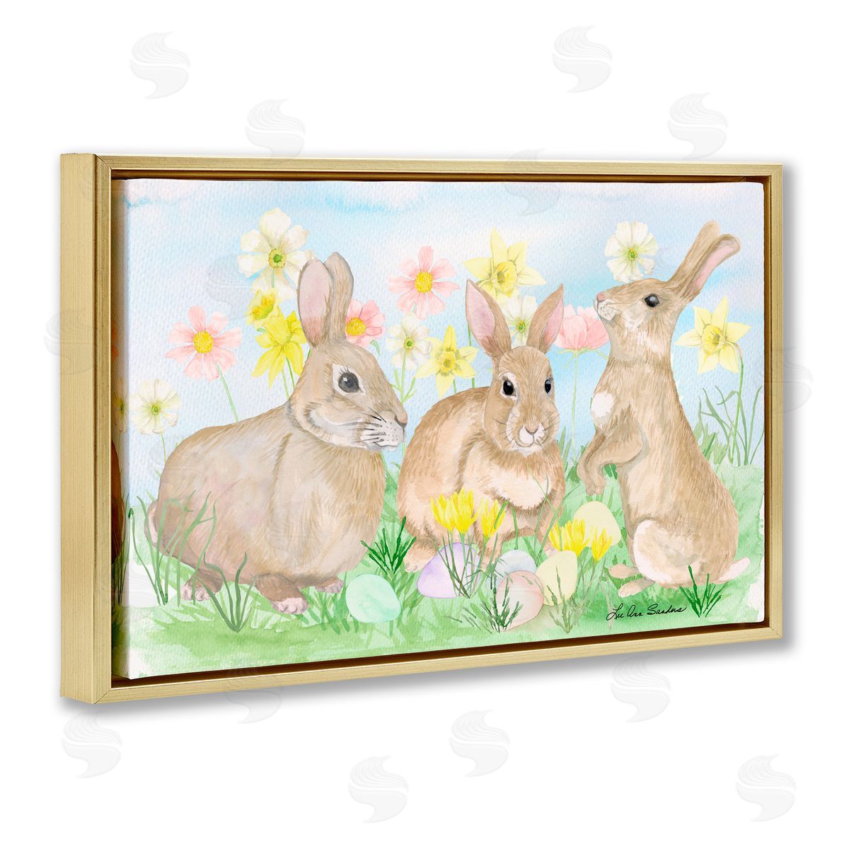 Lee Ann Sanders Three Bunnies In The Grass Gold Floating Frame Canvas Wall Art Print