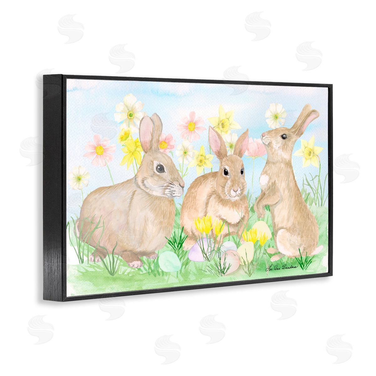 Lee Ann Sanders Three Bunnies In The Grass Black Framed Giclee Print Wall Art