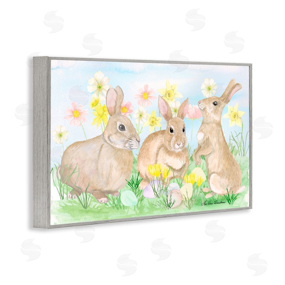 Lee Ann Sanders Three Bunnies In The Grass Gray Framed Giclee Print Wall Art