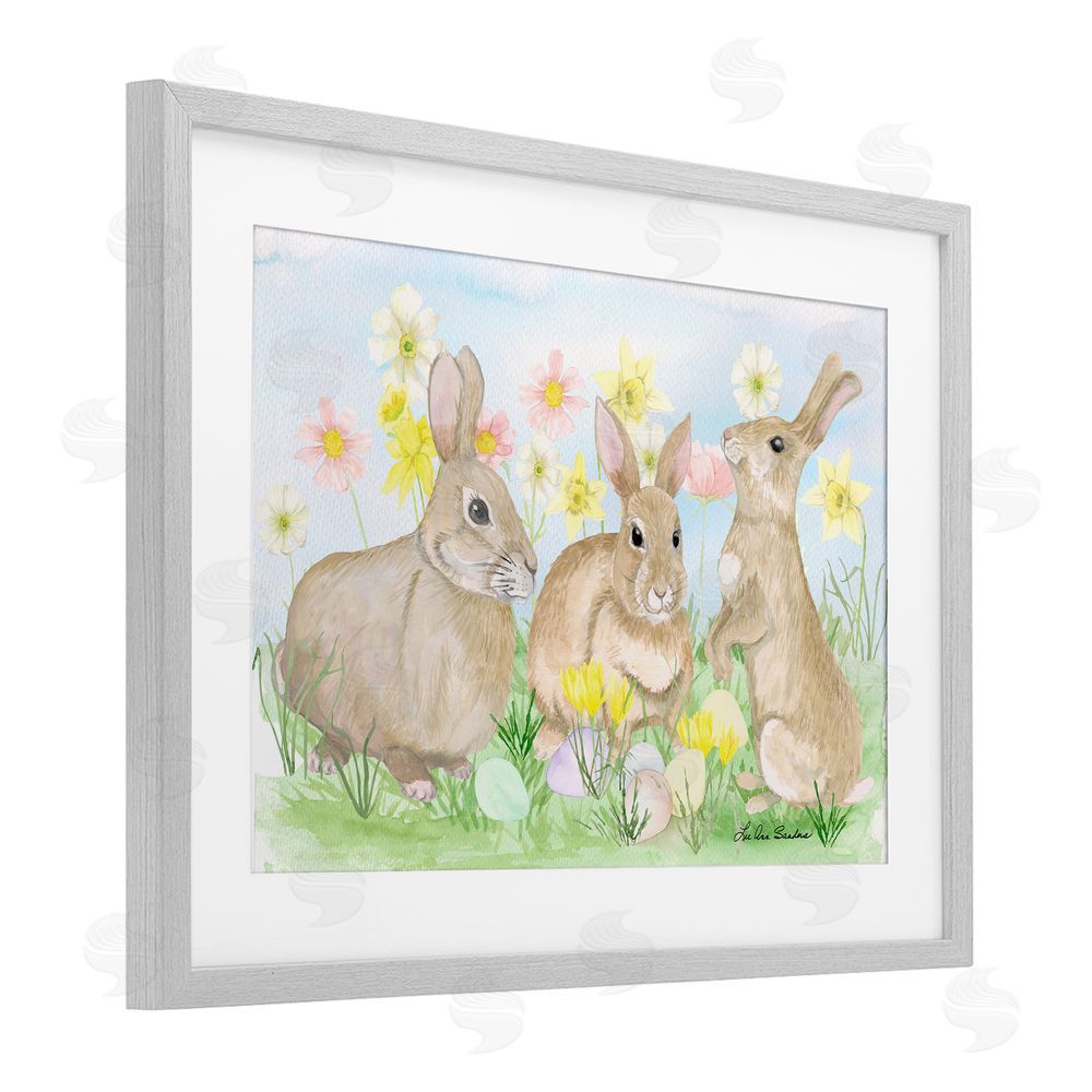 Lee Ann Sanders Three Bunnies In The Grass Gray Framed Print Under Glass Wall Art