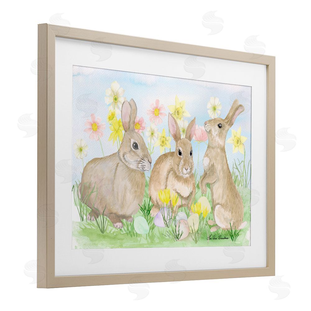 Lee Ann Sanders Three Bunnies In The Grass Brown Framed Print Under Glass Wall Art
