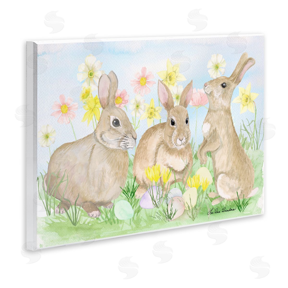 Lee Ann Sanders Three Bunnies In The Grass Wooden Wall Plaque Art Print