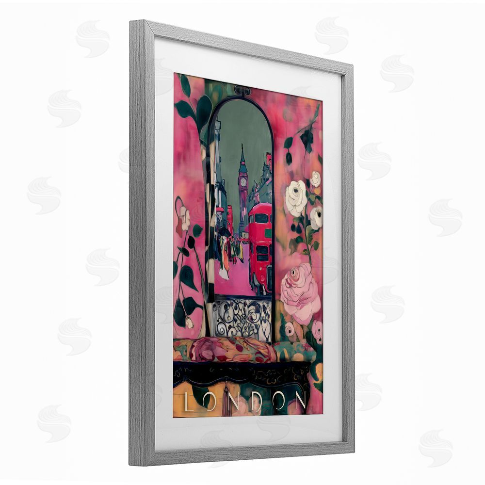 Annabelle Hall London Spring Street View Gray Framed Print Under Glass with White Mat Wall Art