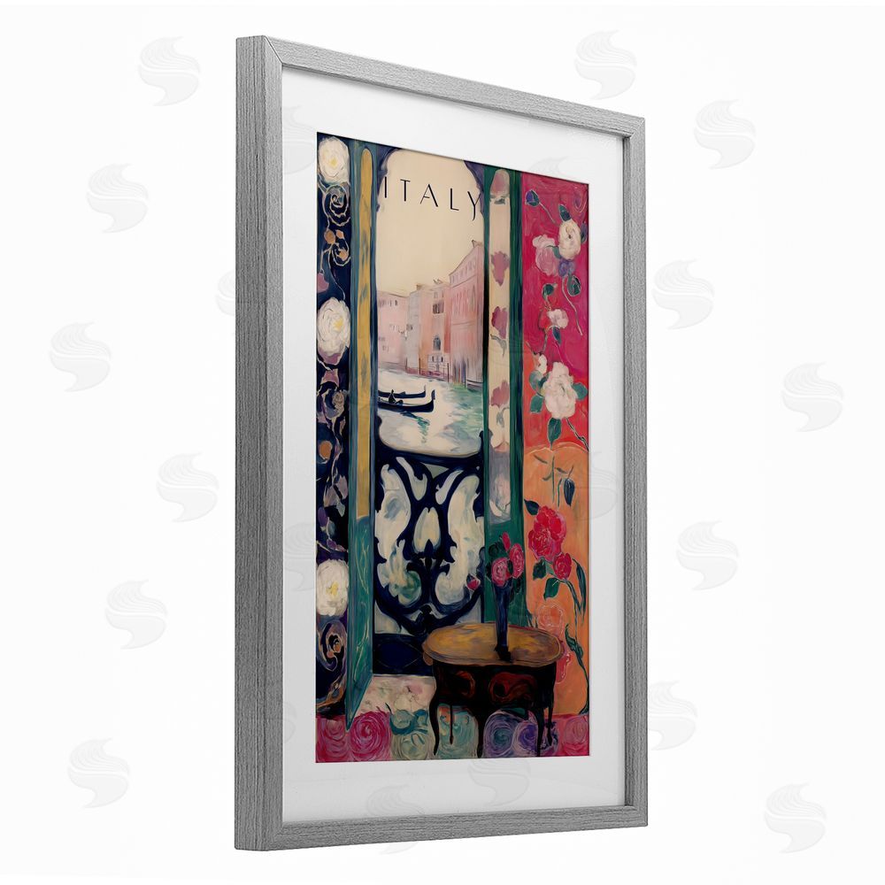 Annabelle Hall Italy Spring Canal View Gray Framed Print Under Glass with White Mat Wall Art