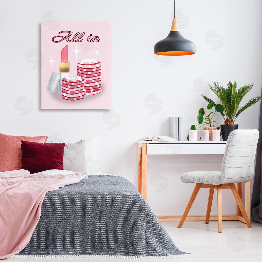 Nina Jacobs All In Poker Chips & Lipstick Stretched Canvas Wall Art Print in Room