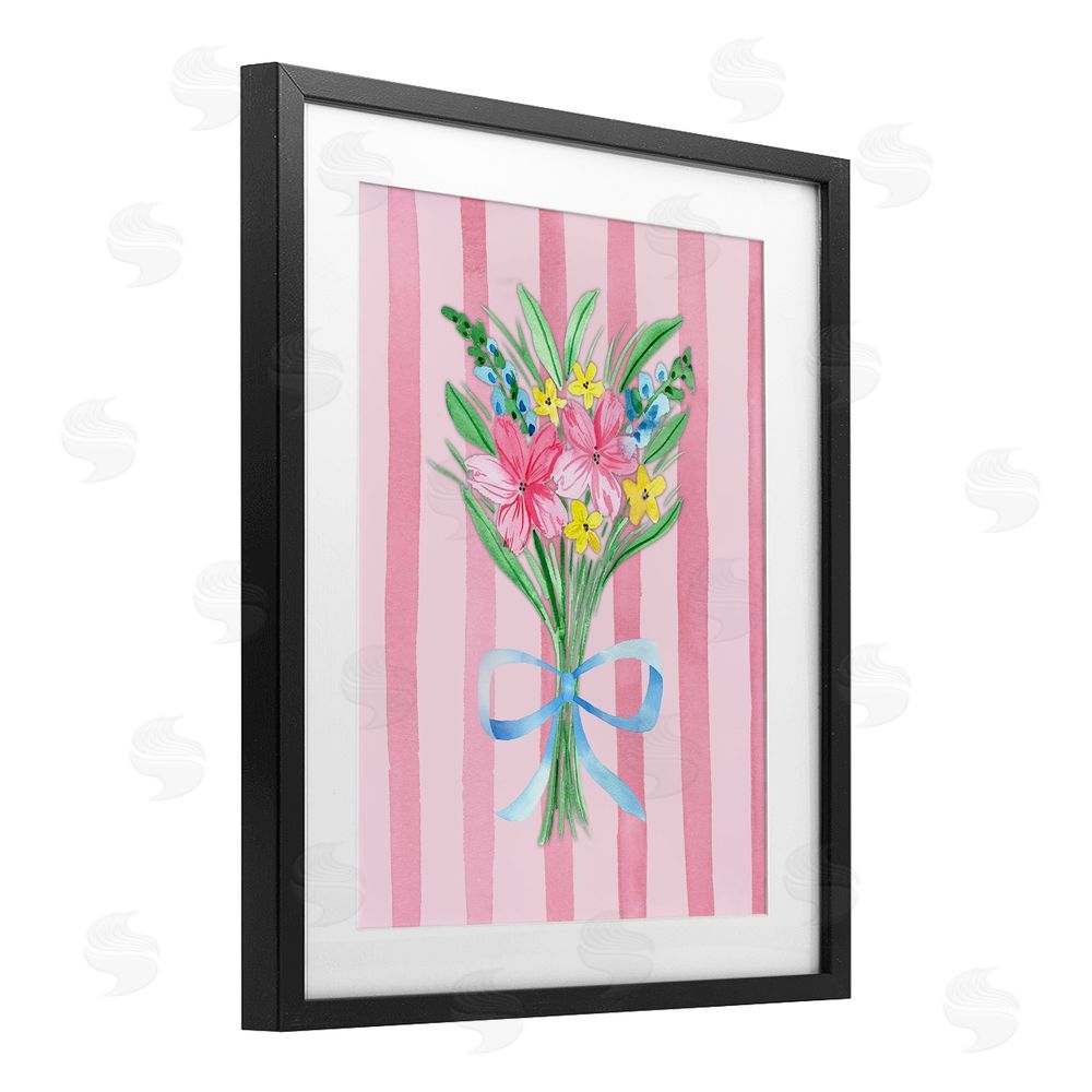 Nina Jacobs Spring Bouquet & Bow Stripes Black Framed Print Under Glass Wall Art