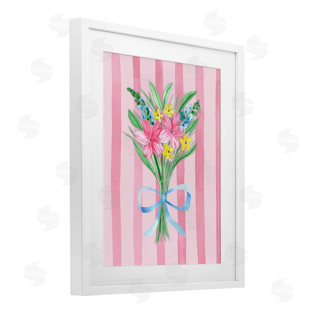 Nina Jacobs Spring Bouquet & Bow Stripes White Framed Print Under Glass Wall Art