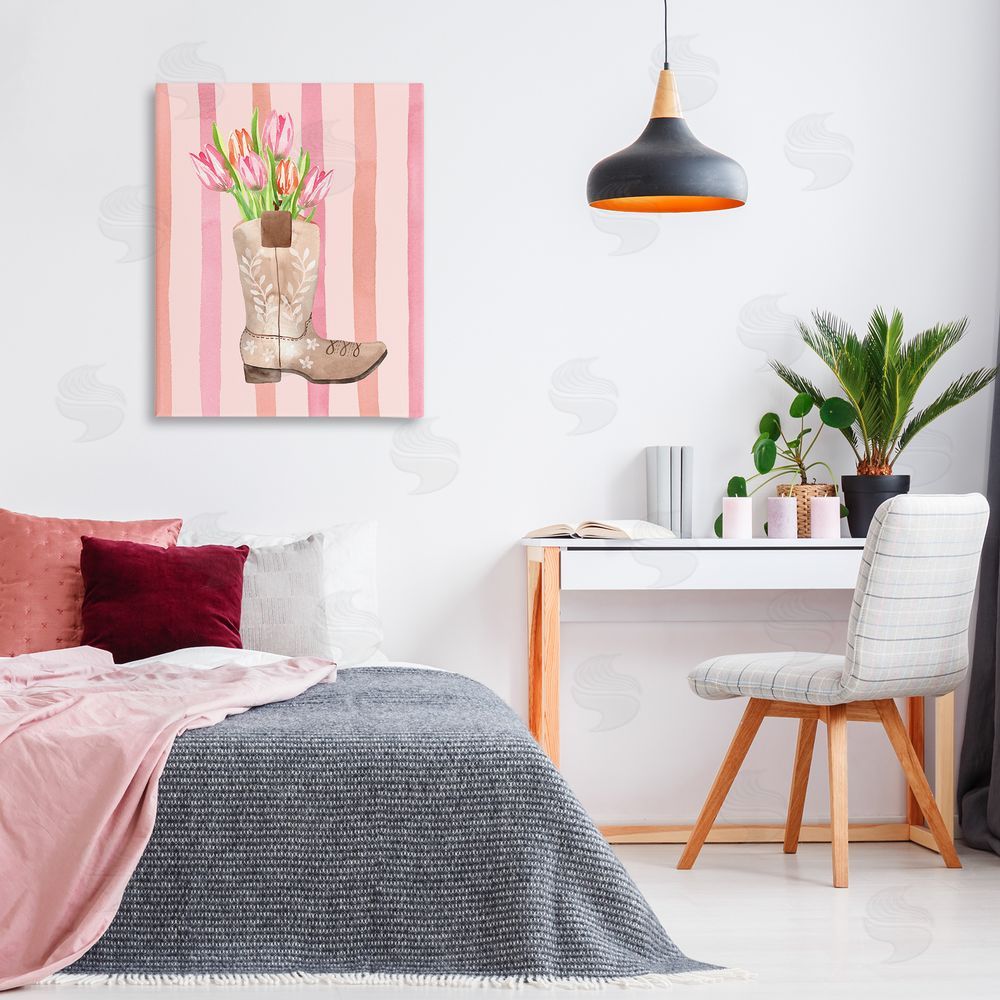 Nina Jacobs Tulip Cowgirl on Stripes Stretched Canvas Wall Art Print in Room