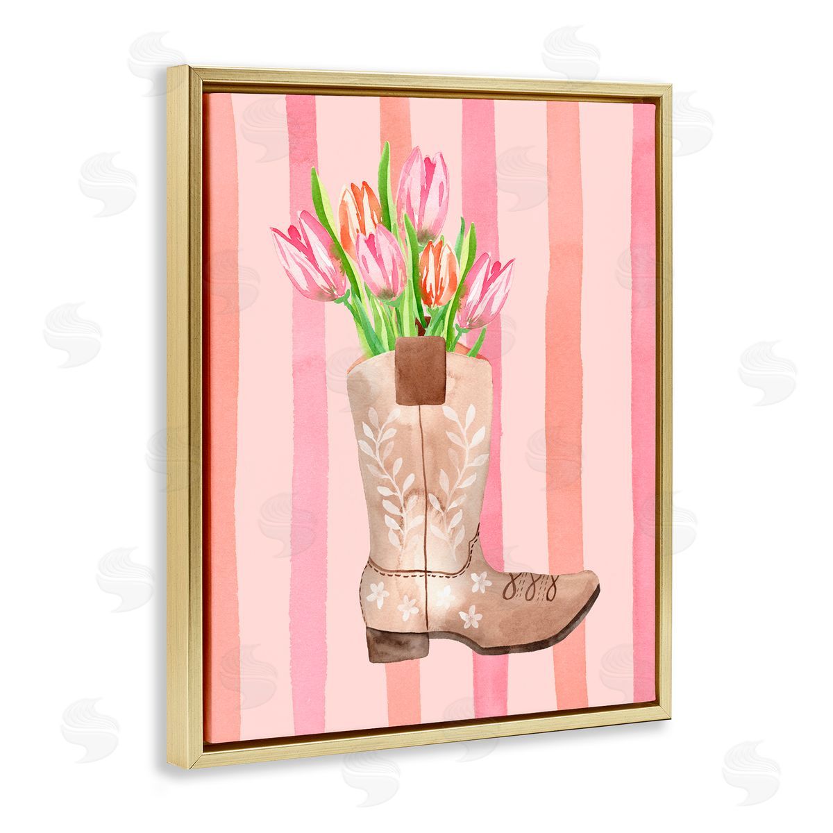 Nina Jacobs Tulip Cowgirl on Stripes Gold Floating Frame Canvas Wall Art Print