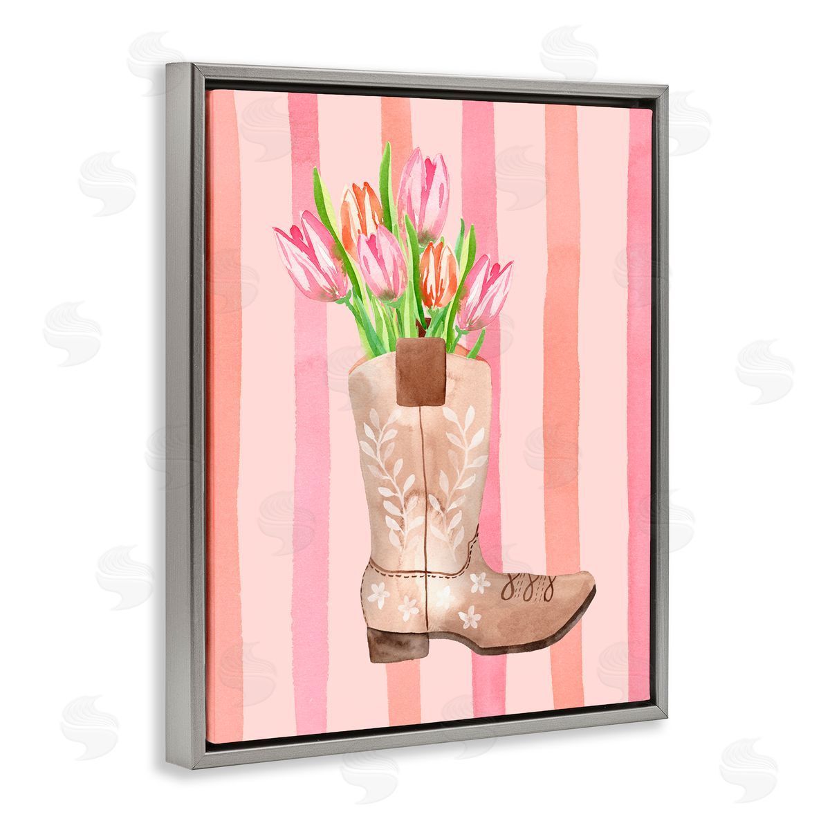 Nina Jacobs Tulip Cowgirl on Stripes Gray Floating Frame Canvas Wall Art Print