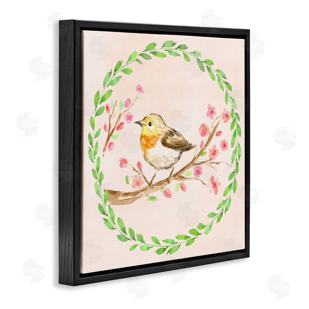 Elena Fay Spring Wreaths Bird Black Floating Frame Canvas Wall Art Print