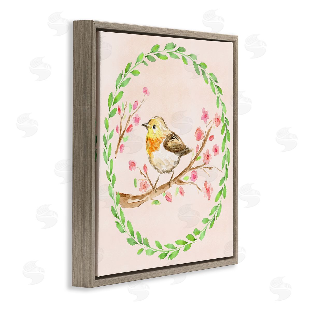 Elena Fay Spring Wreaths Bird Brown Floating Frame Canvas Wall Art Print