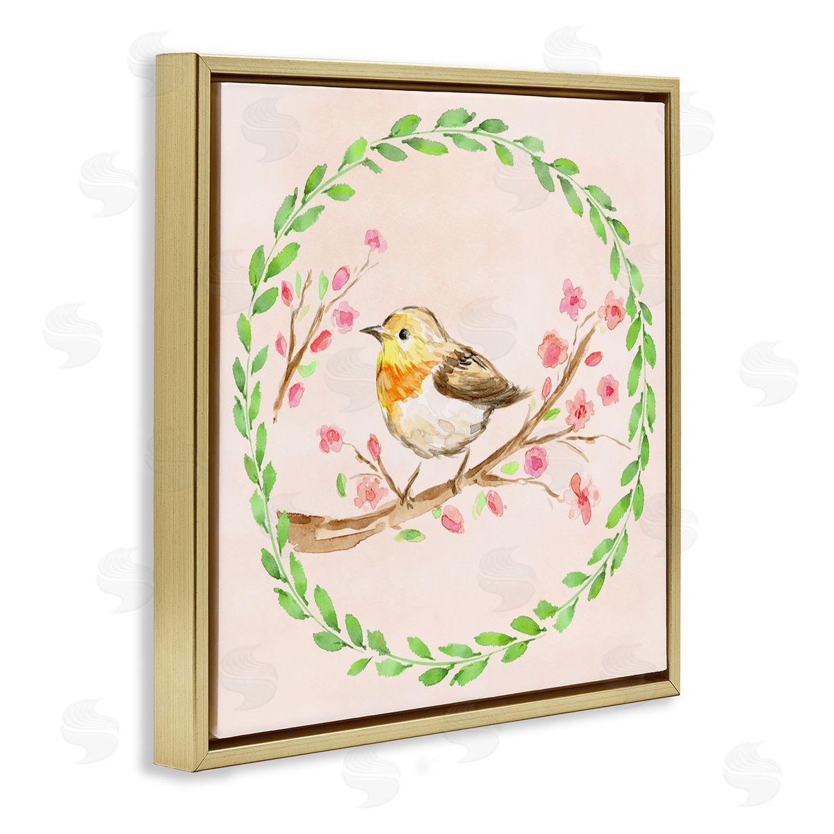 Elena Fay Spring Wreaths Bird Gold Floating Frame Canvas Wall Art Print