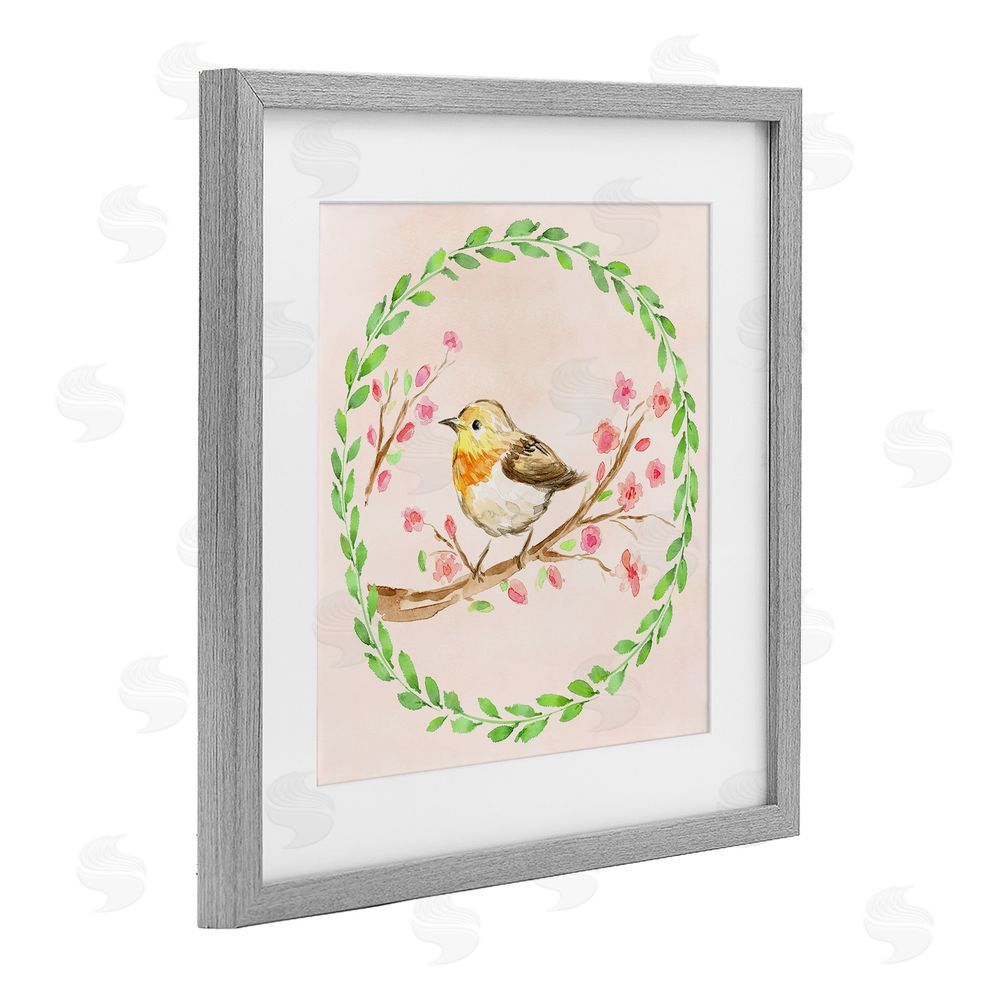 Elena Fay Spring Wreaths Bird Gray Framed Print Under Glass Wall Art