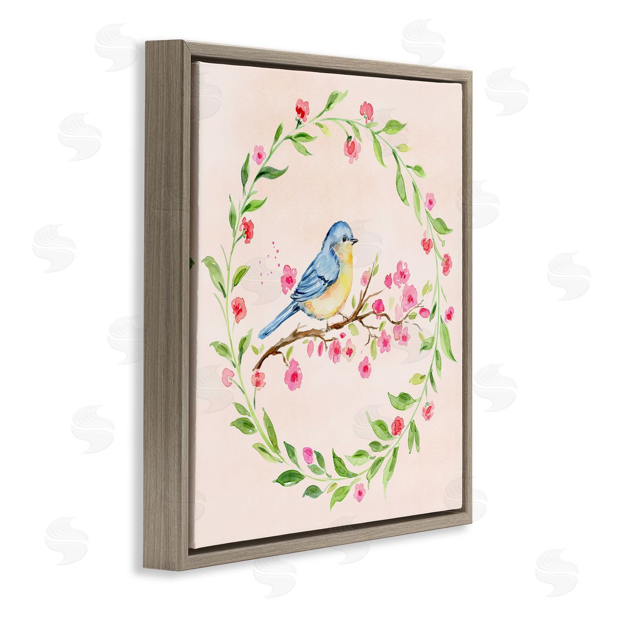 Elena Fay Spring Bird Wreath Perch Brown Floating Frame Canvas Wall Art Print