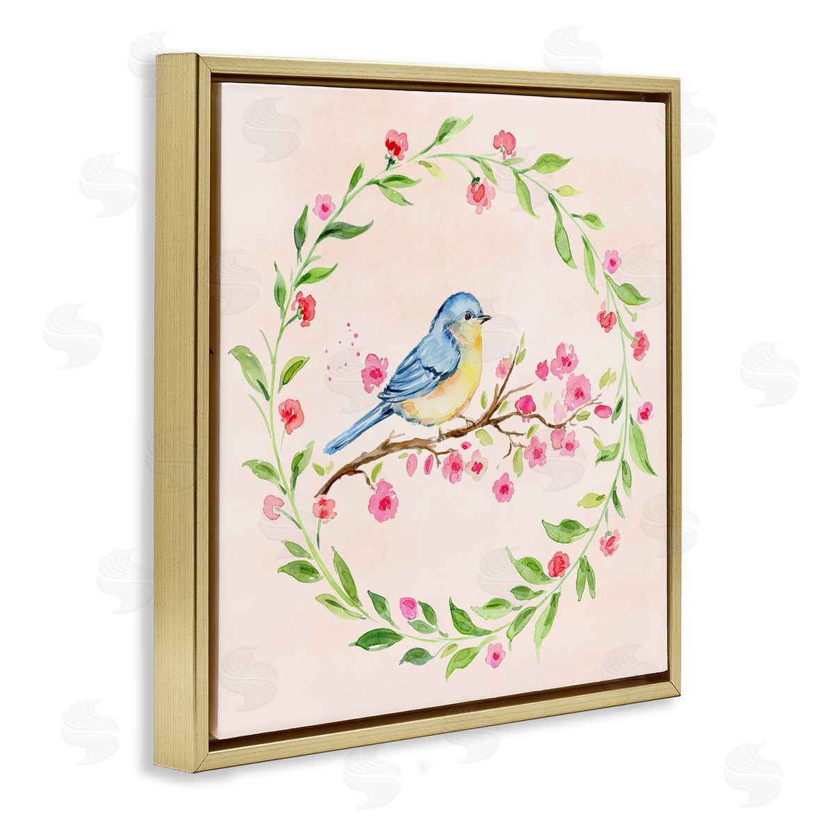 Elena Fay Spring Bird Wreath Perch Gold Floating Frame Canvas Wall Art Print