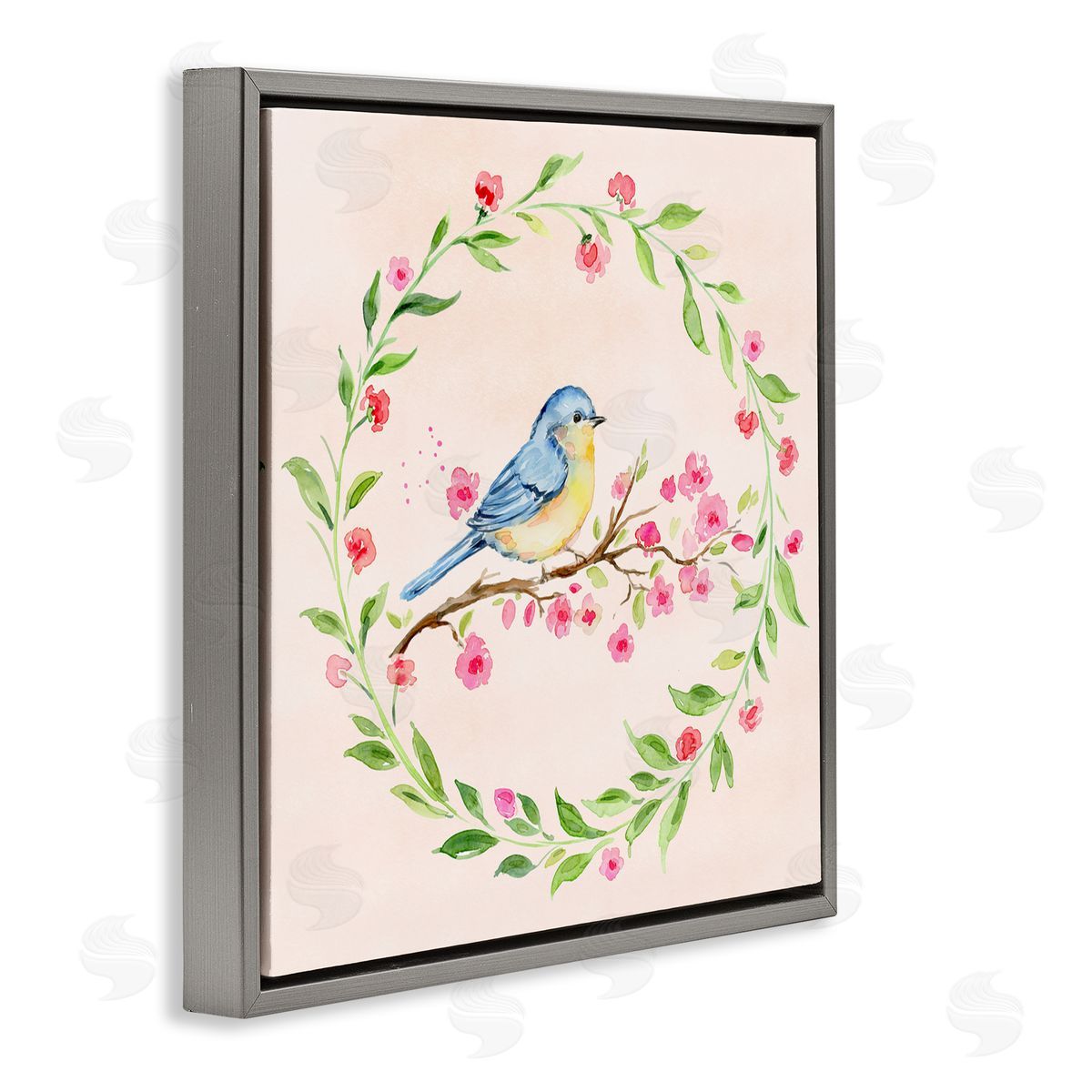 Elena Fay Spring Bird Wreath Perch Gray Floating Frame Canvas Wall Art Print