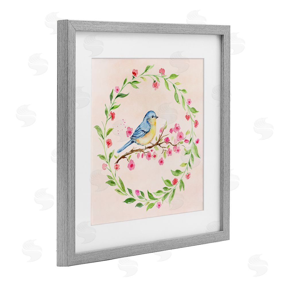 Elena Fay Spring Bird Wreath Perch Gray Framed Print Under Glass Wall Art