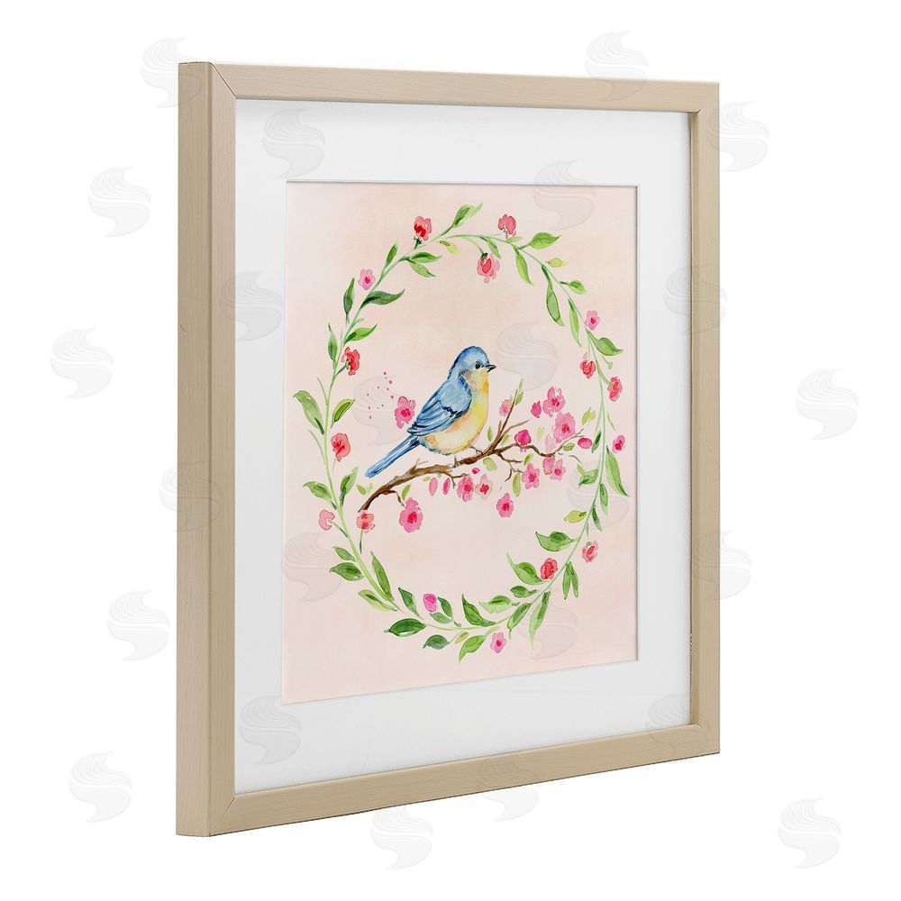 Elena Fay Spring Bird Wreath Perch Brown Framed Print Under Glass Wall Art