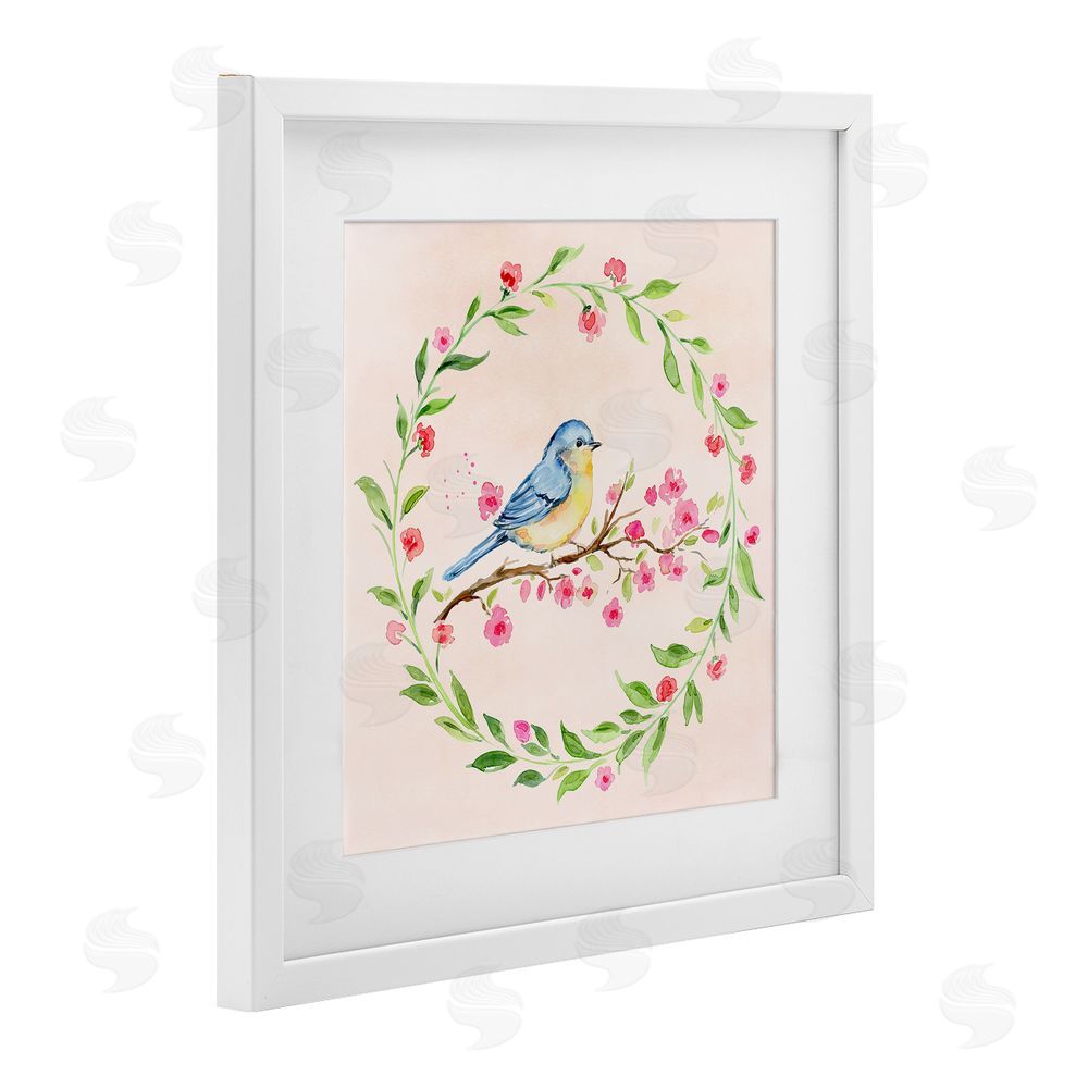 Elena Fay Spring Bird Wreath Perch White Framed Print Under Glass Wall Art