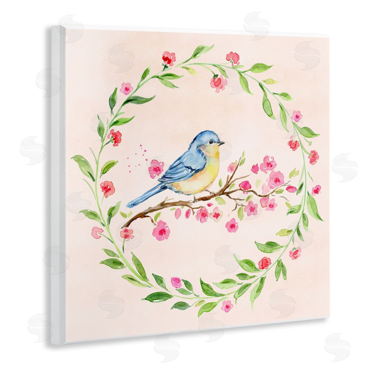 Elena Fay Spring Bird Wreath Perch Wooden Wall Plaque Art Print