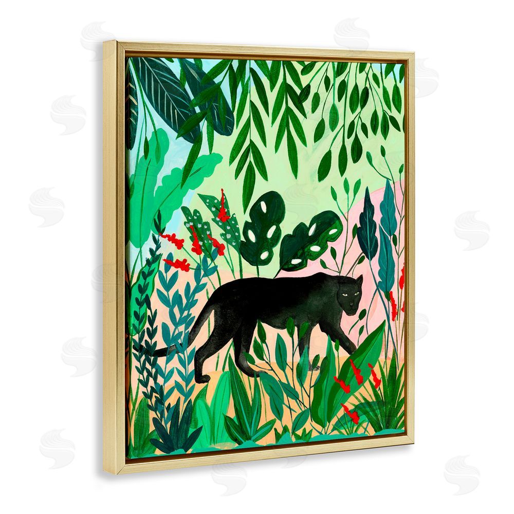 Nabeela Rumi Stoic Panther Tropical Forest Gold Floating Frame Canvas Wall Art Print