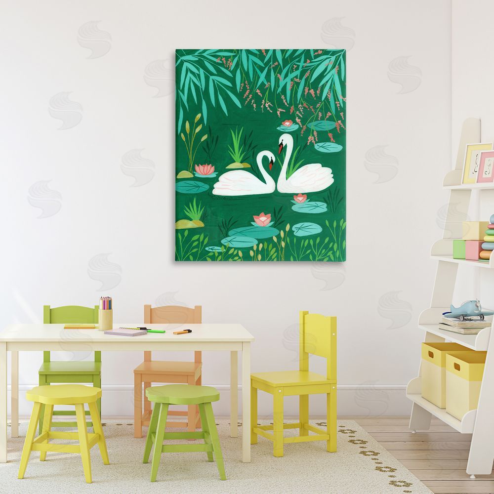 Nabeela Rumi Swan Pair on Green Pond Stretched Canvas Wall Art Print in Room
